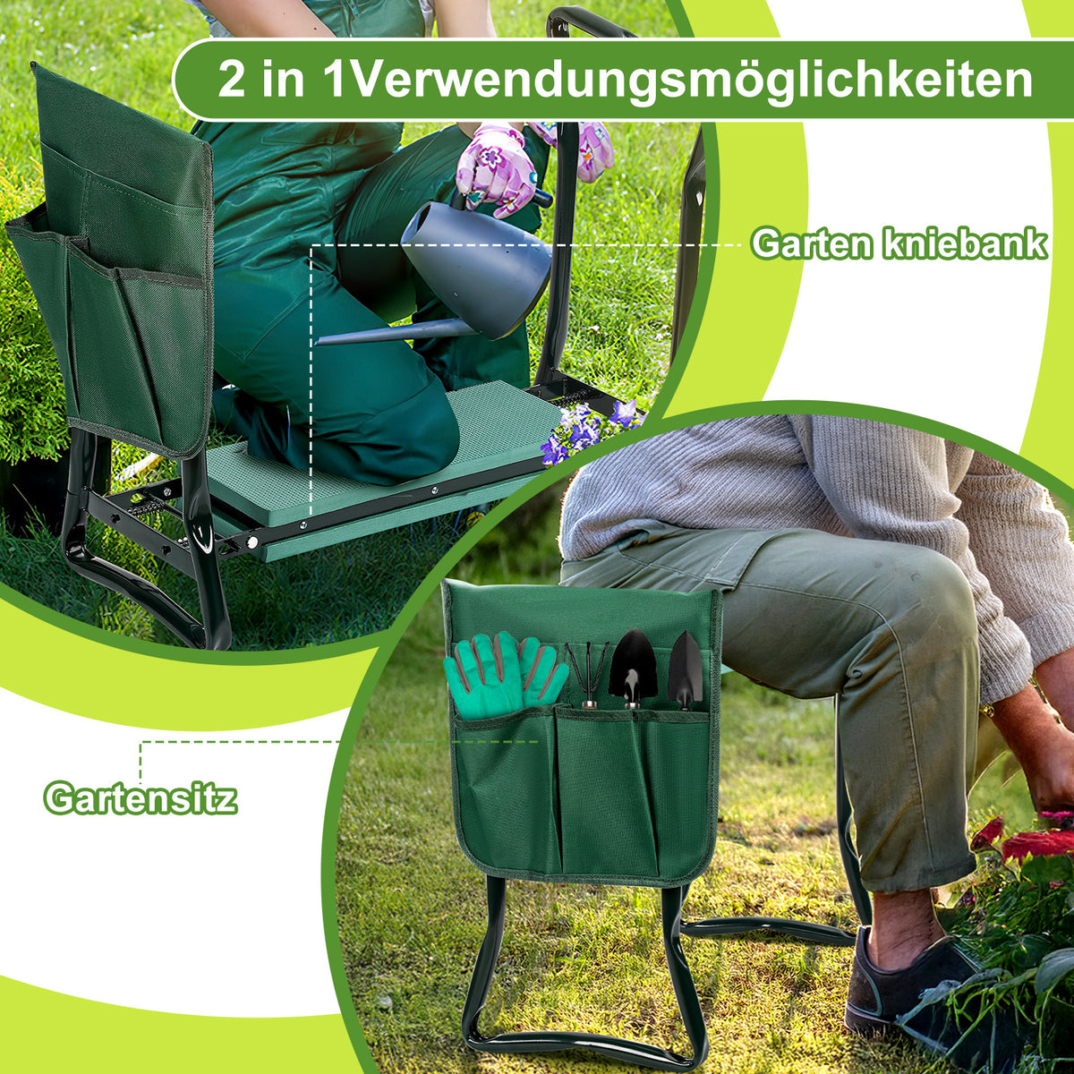 Randaco 2 in 1 Klappbar Gartenbank mit Werkzeugtasche 60x50x28cm Grün