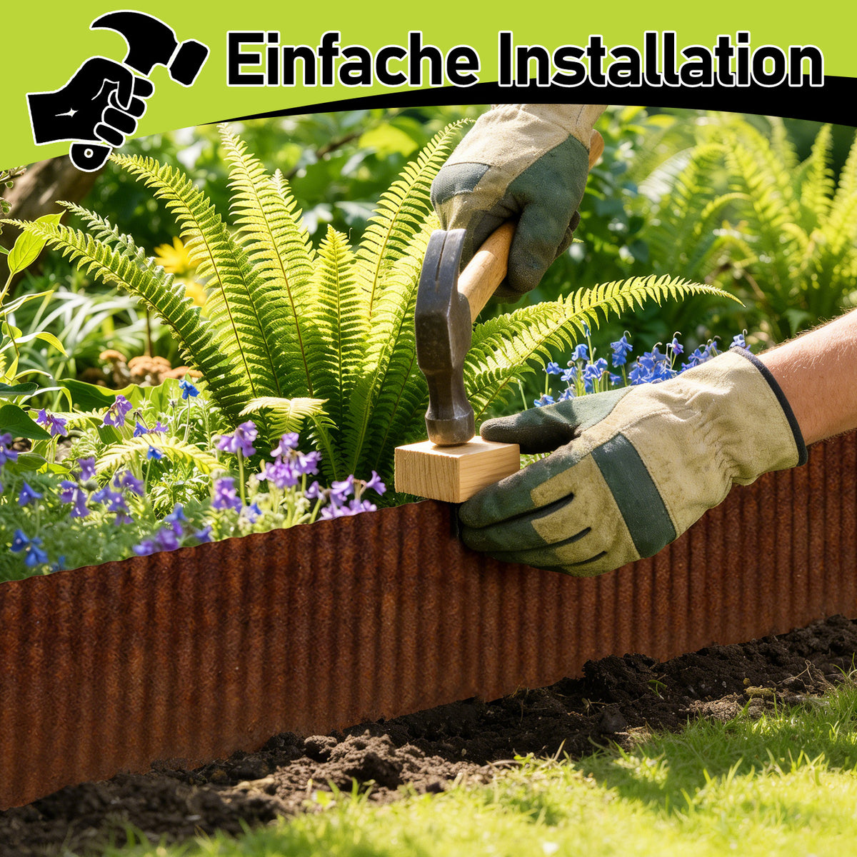 Randaco 5m Rasenkante 15 cm hoch Beeteinfassung aus Metall 0.3 mm Stahl mit umgelegten Kanten inkl. Verbinder und Handschuhe Beetumrandung