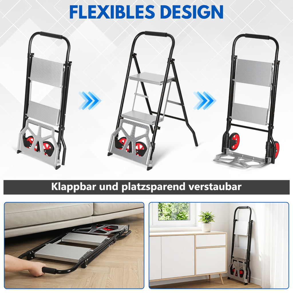 Randaco 2‑in‑1 Sackkarre mit Trittleiter 2‑Stufen‑ / 3‑Stufen‑Ausführung klappbare Sackkarre treppengängig treppengängig kompakt und transportabe