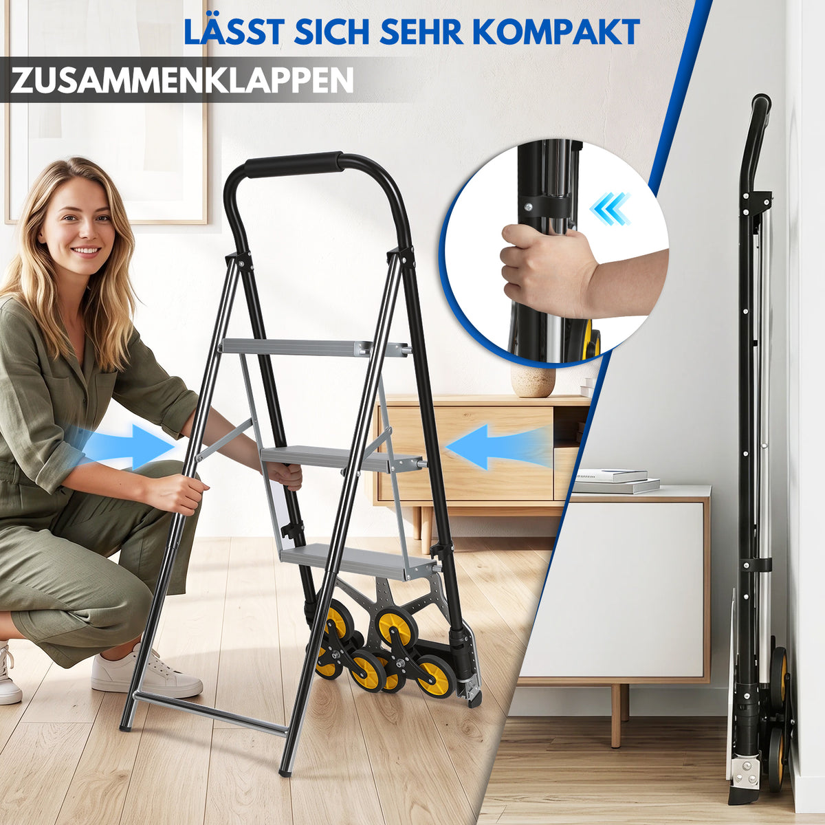 Randaco 2‑in‑1 Sackkarre mit Trittleiter 2‑Stufen‑ / 3‑Stufen‑Ausführung klappbare Sackkarre treppengängig treppengängig kompakt und transportabe