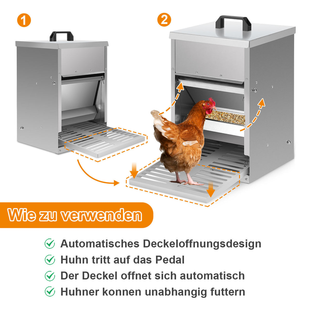 Randaco Futterautomat Hühner 5kg Hühnerfutterautomat mit Trittplatte Geflügel Futterspender Verzinkter Futtertrog Mäuseschutz Trockenfutterbox für Stall und Außenbereich