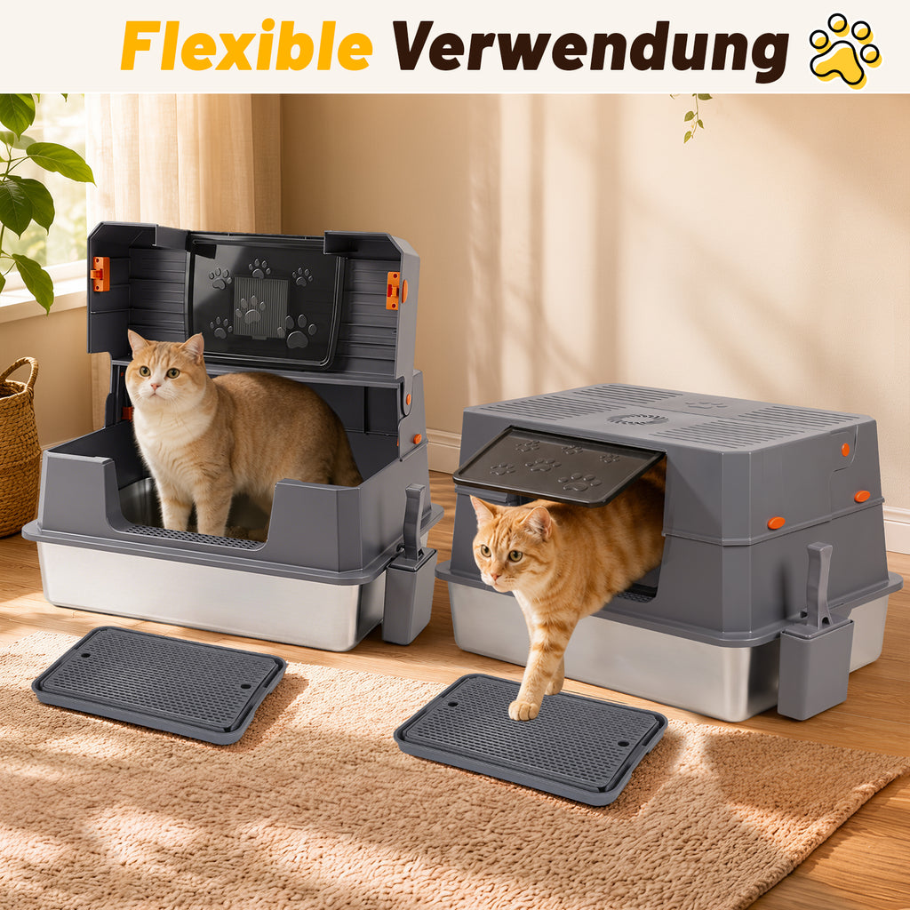 Randaco Edelstahl Katzenklo XXXL mit Klappdeckel 72.8 x 51 x 43 cm Halboffene Katzentoilette mit 90° Seitenklappe Aktivkohlefilter Schaufelhalter Trittmatte und herausnehmbarer Edelstahlwanne