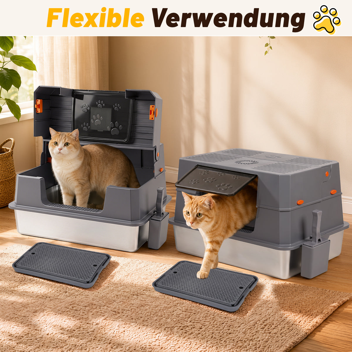 Randaco Edelstahl Katzenklo XXXL mit Klappdeckel 72.8 x 51 x 43 cm Halboffene Katzentoilette mit 90° Seitenklappe Aktivkohlefilter Schaufelhalter Trittmatte und herausnehmbarer Edelstahlwanne