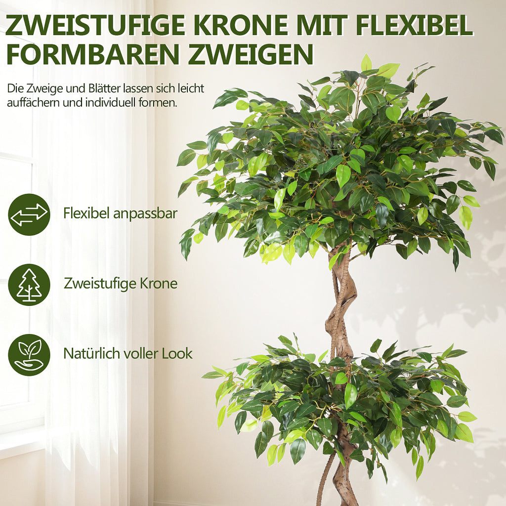 Randaco Künstlicher zweistufiger Ficus‑Baum mit weißem Topf dekorative Zimmerbegrünung für Innenräume 120 cm/150 cm