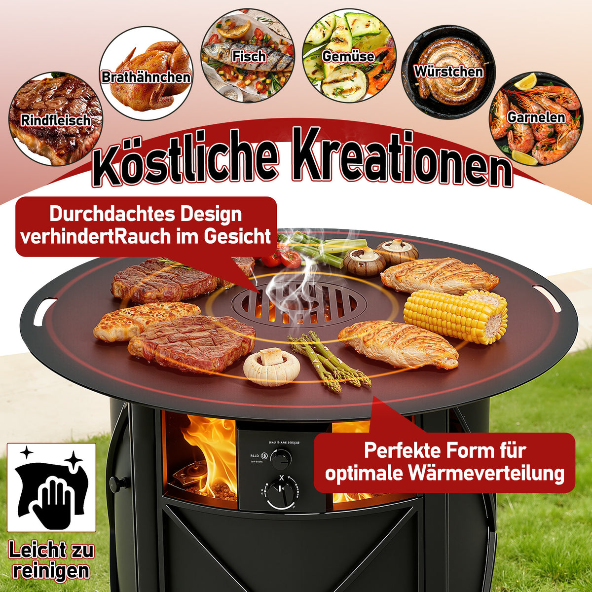 Randaco Carbonstahl Feuerplatte Ø 80 cm mit Grilleinsatz und Handschuhen, Grillplatte für Feuertonne und Feuerschale, Plancha Grillring für BBQ und Teppanyaki