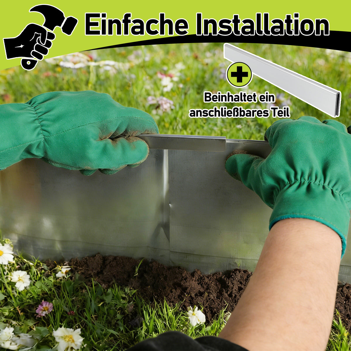 Randaco 5m Rasenkante 15 cm hoch Beeteinfassung aus Metall 0.3 mm Stahl mit umgelegten Kanten inkl. Verbinder und Handschuhe Beetumrandung