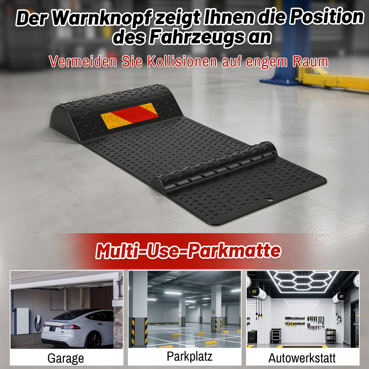 Randaco 2‑Stück rutschfeste Parkstopper‑Matten mit reflektierenden Streifen und Befestigungsschrauben für Garage und Einfahrt