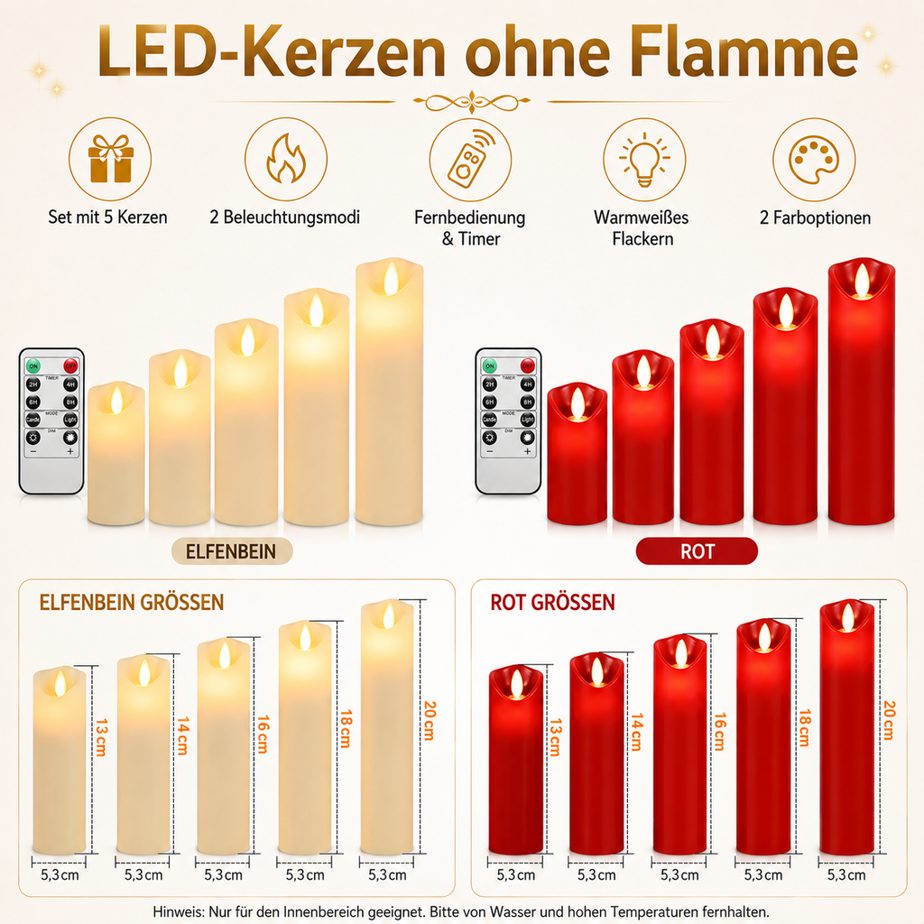 Randaco 5er LED Kerzen Ø5,3cm Echtwachs Flackernd Set Licht 13/14/16/18/20cm hoch Deko