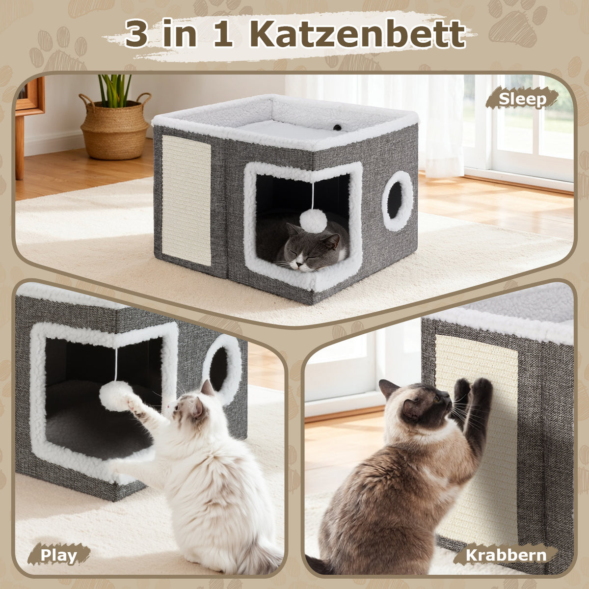 Randaco 3-IN-1 FALTBARES KATZENHAUS 2-stöckig mit Kratzbrett und Spielball