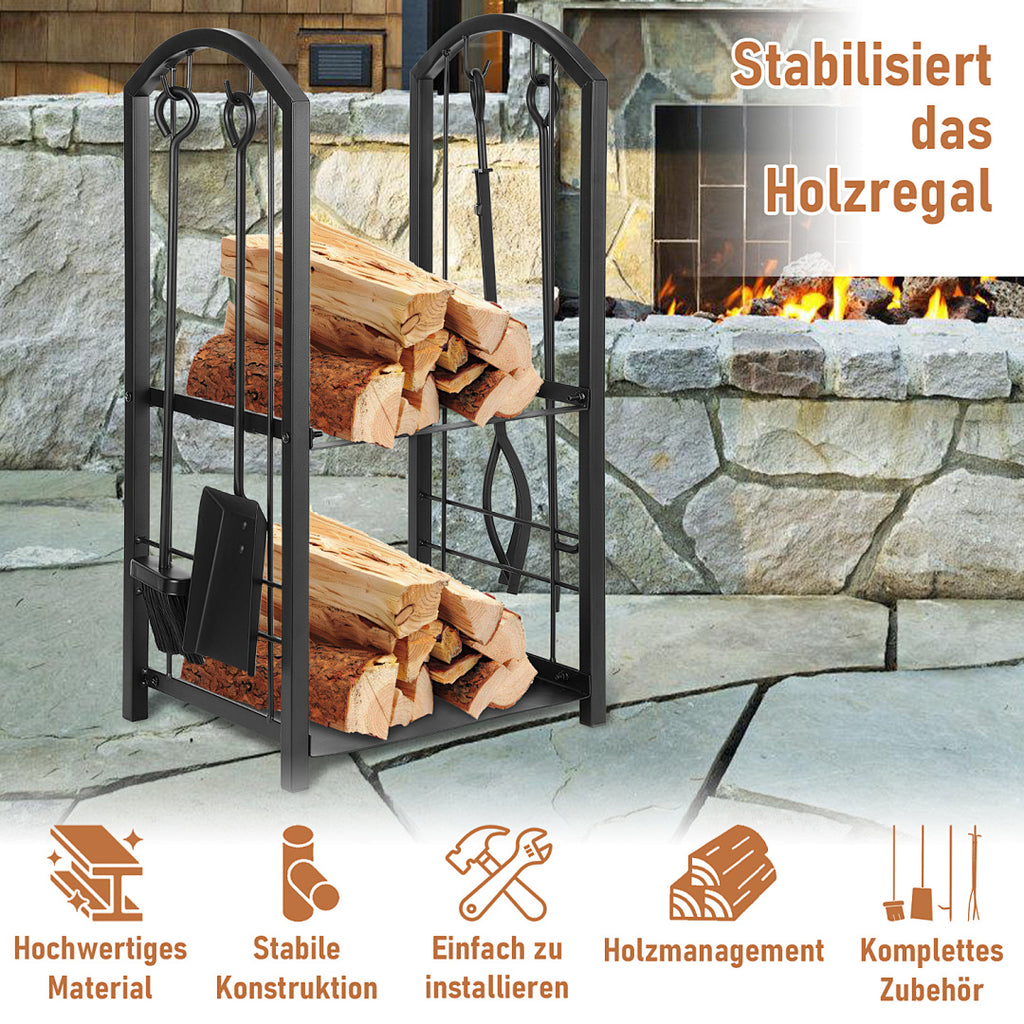 Randaco 2 Ebenen Feuerholzregal mit 4 Kaminwerkzeug