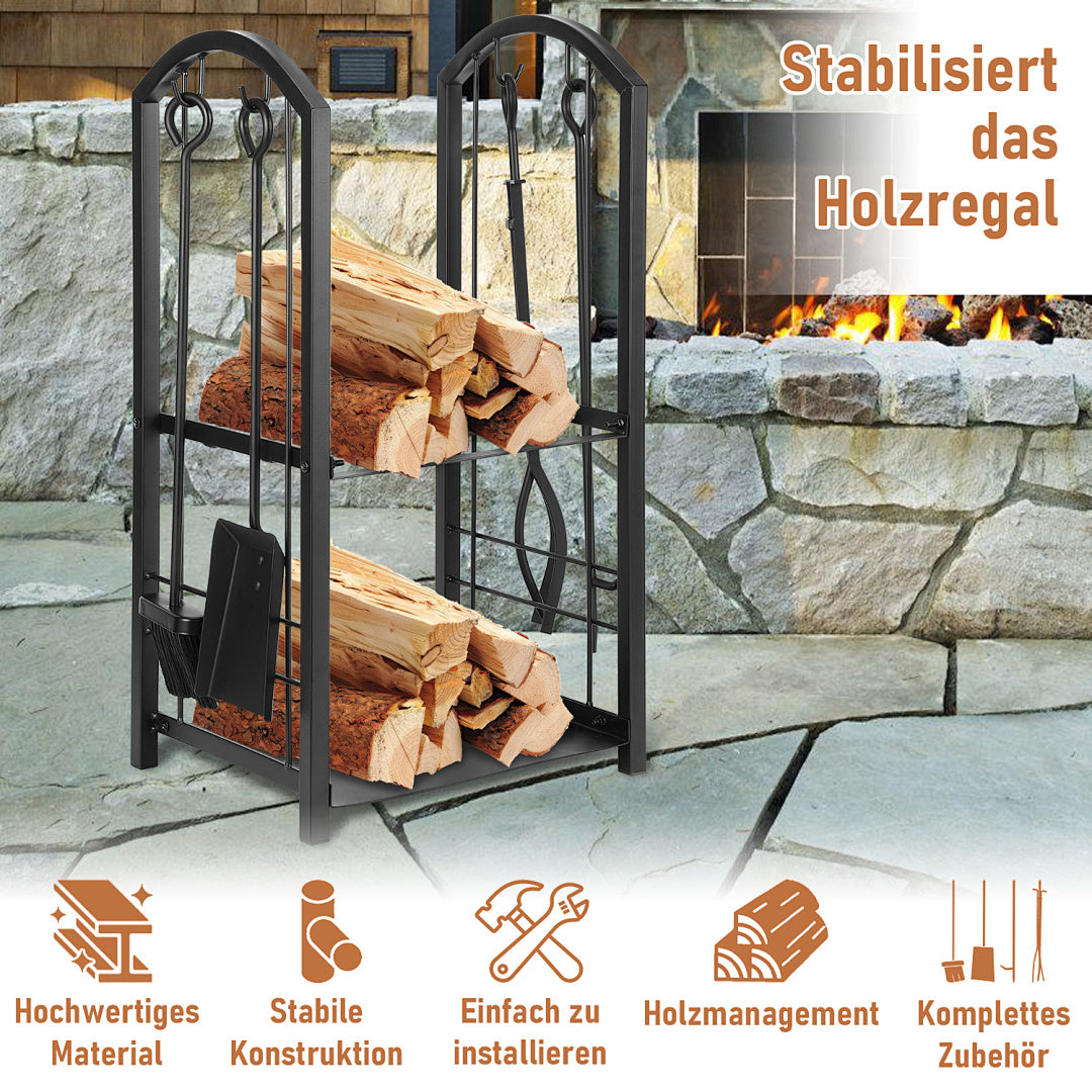 Randaco 2 Ebenen Feuerholzregal mit 4 Kaminwerkzeug