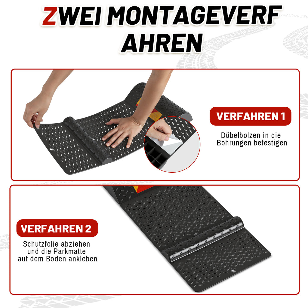 Randaco 2‑Stück rutschfeste Parkstopper‑Matten mit reflektierenden Streifen und Befestigungsschrauben für Garage und Einfahrt