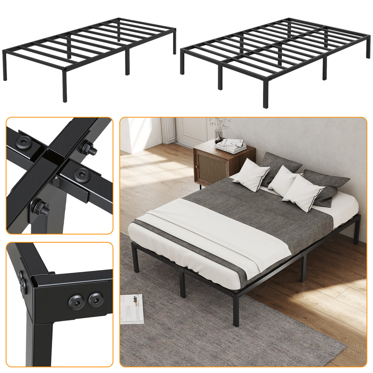 Randaco Metallbettrahmen stabil 90×200cm/140×200 cm Platzsparender Bettrahmen Einzelbettrahmen bis 200 kg Doppelbettrahmen bis 300 kg