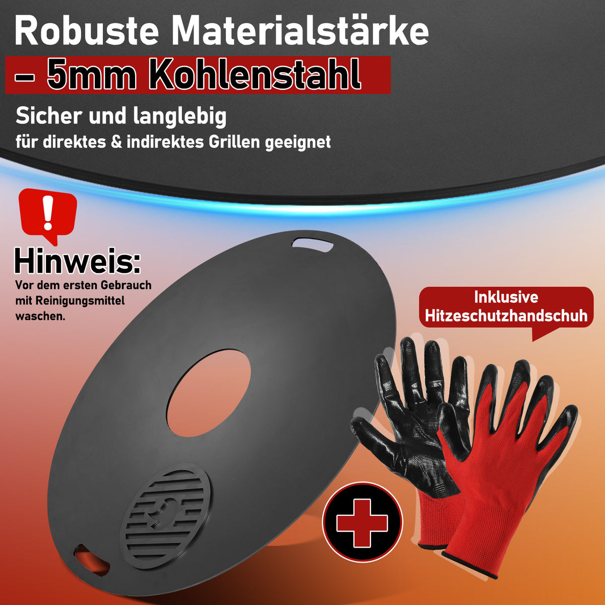 Randaco Carbonstahl Feuerplatte Ø 80 cm mit Grilleinsatz und Handschuhen, Grillplatte für Feuertonne und Feuerschale, Plancha Grillring für BBQ und Teppanyaki