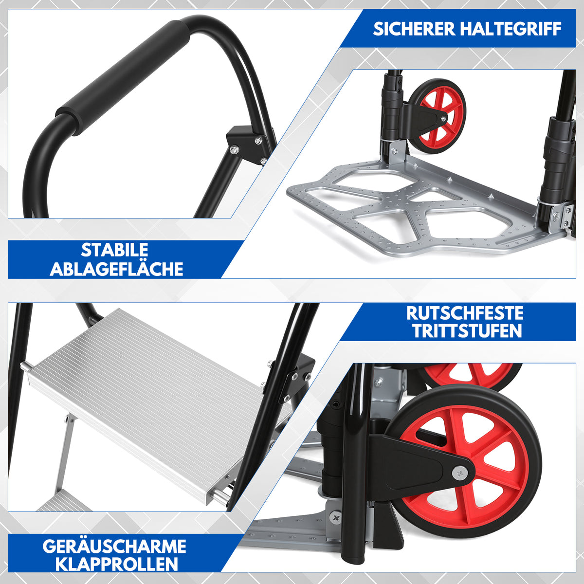 Randaco 2‑in‑1 Sackkarre mit Trittleiter 2‑Stufen‑ / 3‑Stufen‑Ausführung klappbare Sackkarre treppengängig treppengängig kompakt und transportabe
