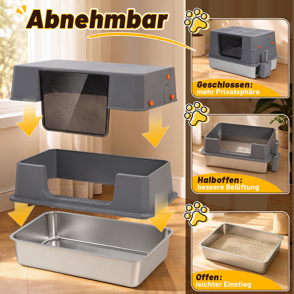 Randaco Edelstahl Katzenklo XXXL mit Klappdeckel 72.8 x 51 x 43 cm Halboffene Katzentoilette mit 90° Seitenklappe Aktivkohlefilter Schaufelhalter Trittmatte und herausnehmbarer Edelstahlwanne