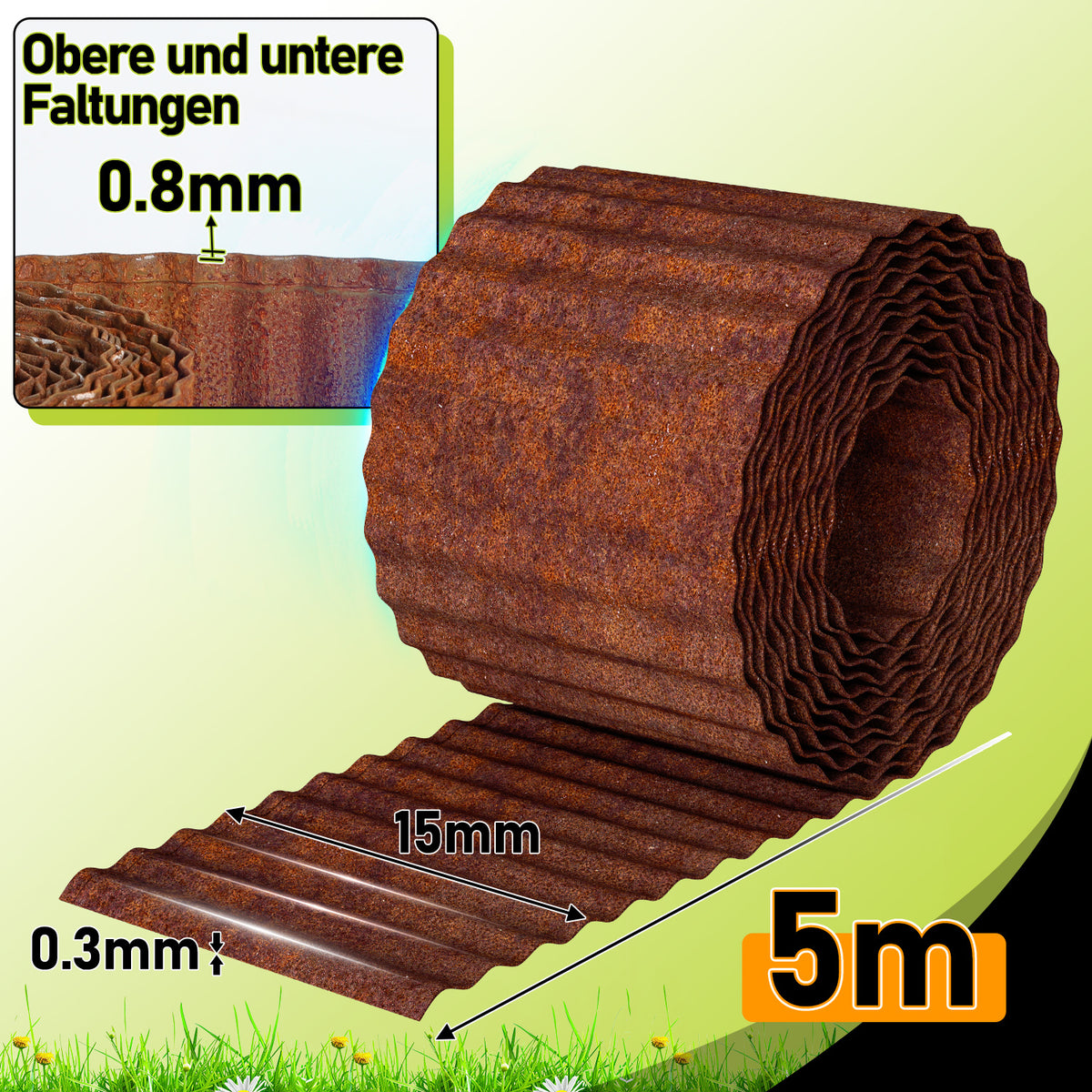 Randaco 5m Rasenkante 15 cm hoch Beeteinfassung aus Metall 0.3 mm Stahl mit umgelegten Kanten inkl. Verbinder und Handschuhe Beetumrandung