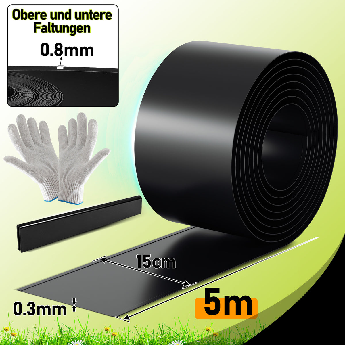 Randaco 5m Rasenkante 15 cm hoch Beeteinfassung aus Metall 0.3 mm Stahl mit umgelegten Kanten inkl. Verbinder und Handschuhe Beetumrandung