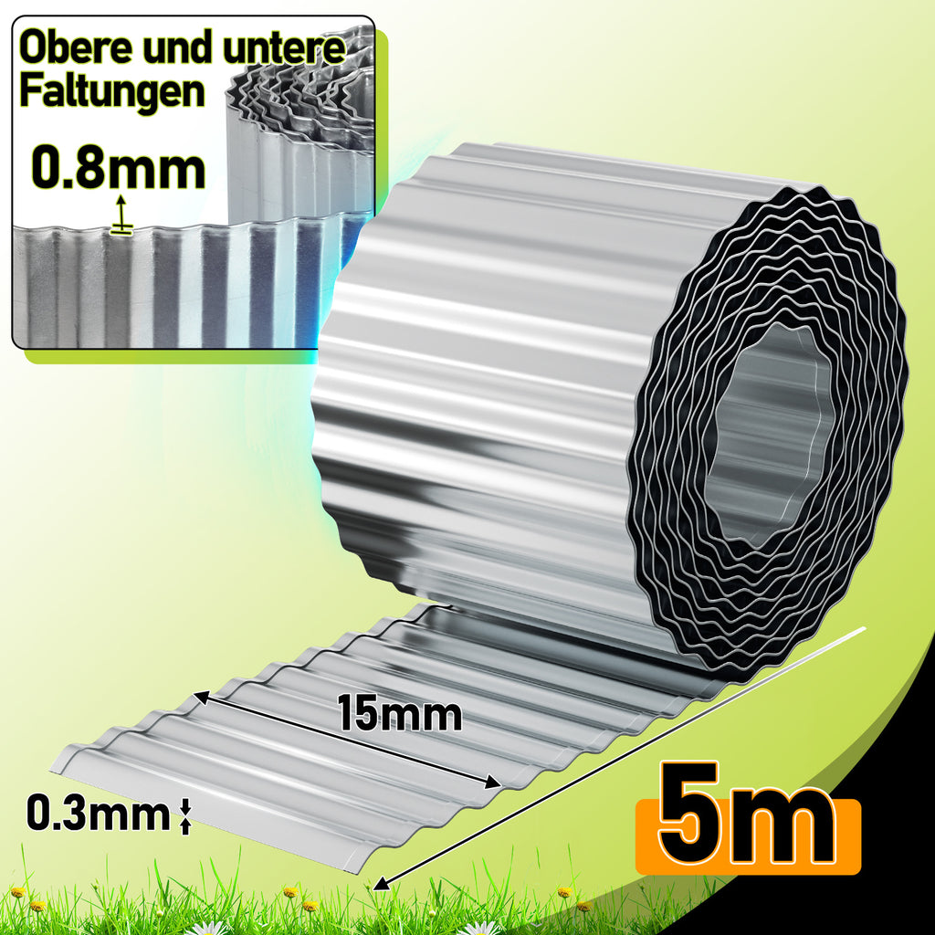 Randaco 5m Rasenkante 15 cm hoch Beeteinfassung aus Metall 0.3 mm Stahl mit umgelegten Kanten inkl. Verbinder und Handschuhe Beetumrandung