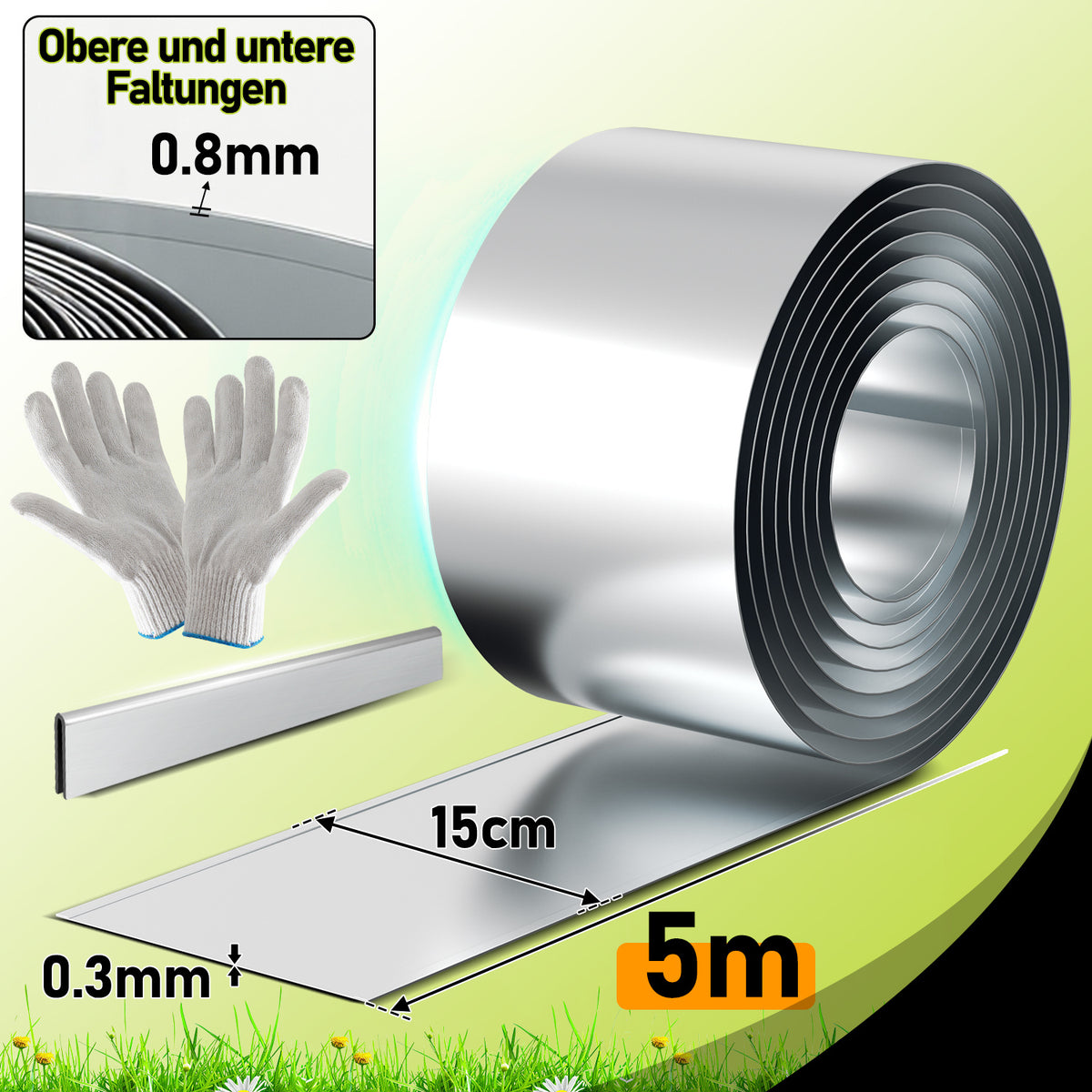 Randaco 5m Rasenkante 15 cm hoch Beeteinfassung aus Metall 0.3 mm Stahl mit umgelegten Kanten inkl. Verbinder und Handschuhe Beetumrandung