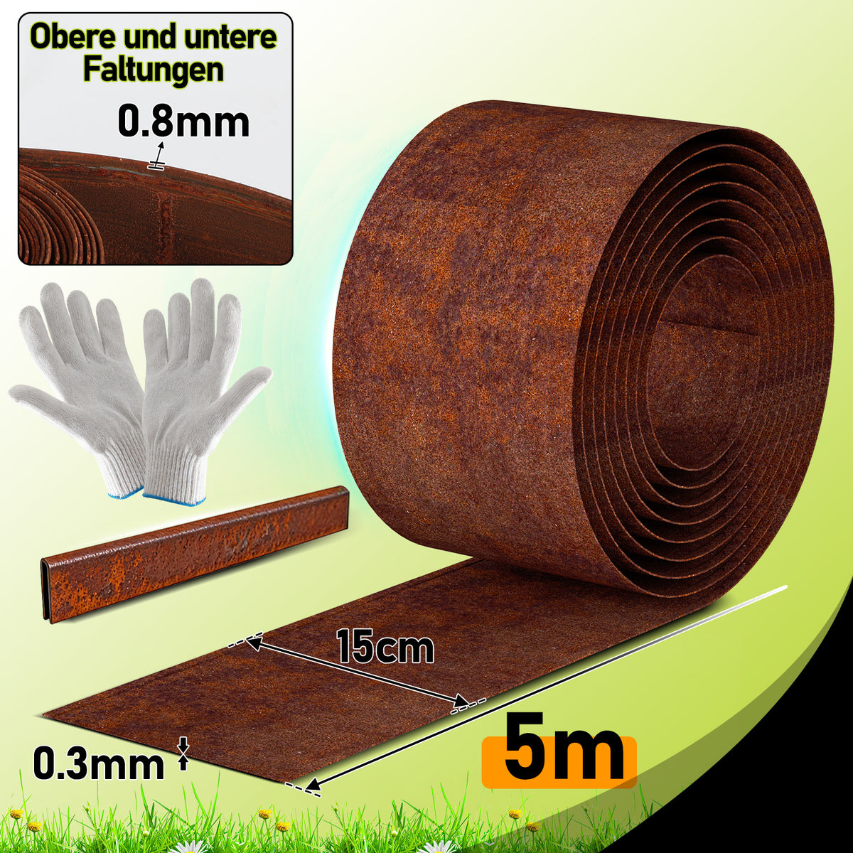 Randaco 5m Rasenkante 15 cm hoch Beeteinfassung aus Metall 0.3 mm Stahl mit umgelegten Kanten inkl. Verbinder und Handschuhe Beetumrandung
