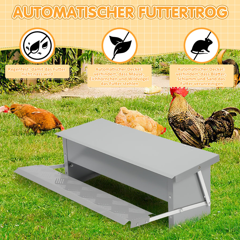 Randaco Futterautomat Hühner 5kg verzinkter Futterspender mit Trittklappe wetterfester Deckel gegen Futterverlust und Wildtiere für Hühnerstall und Geflügel