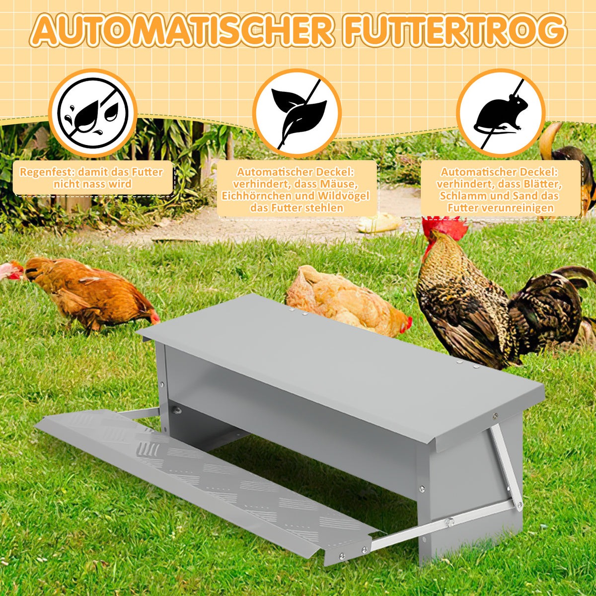 Randaco Futterautomat Hühner 5kg verzinkter Futterspender mit Trittklappe wetterfester Deckel gegen Futterverlust und Wildtiere für Hühnerstall und Geflügel