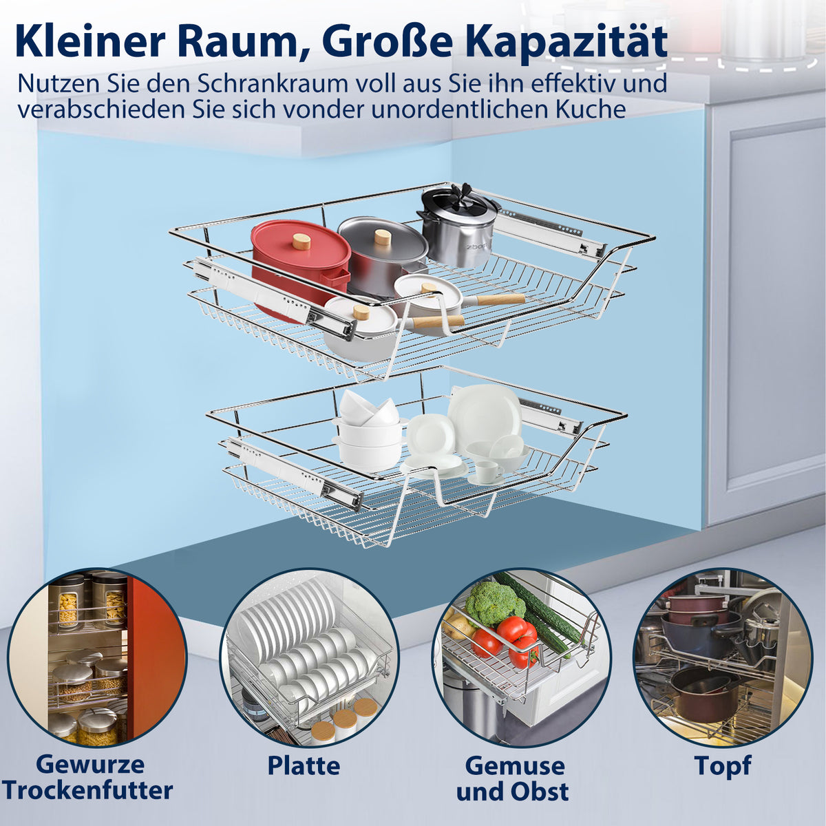 Randaco 2er‑Set ausziehbare Metall‑Einbauschubladen nachrüstbare Teleskop‑Schrankauszüge in 30/40/50/60cm Breite praktische Organisationsschubladen für Küchenschränke und Spülschränke