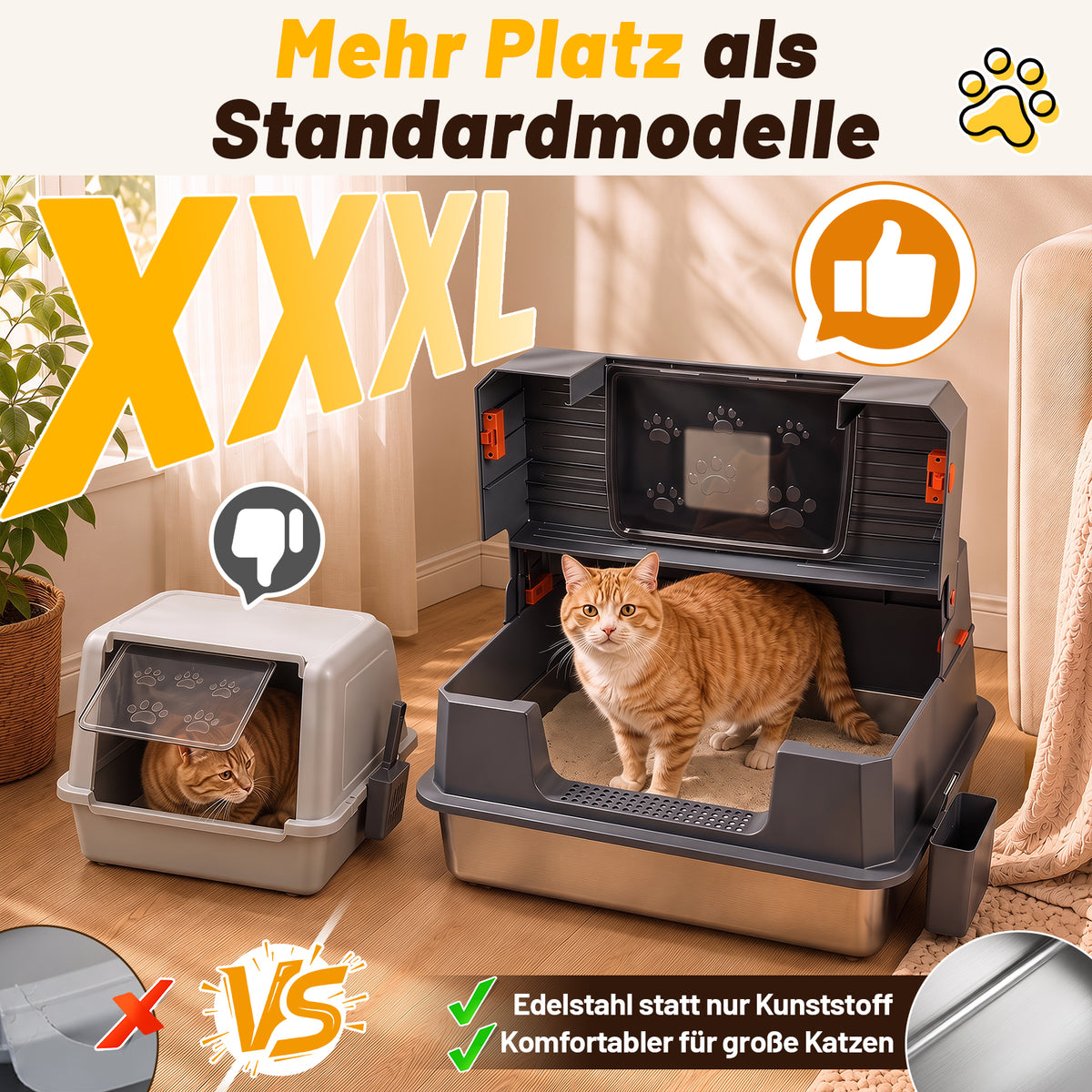 Randaco Edelstahl Katzenklo XXXL mit Klappdeckel 72.8 x 51 x 43 cm Halboffene Katzentoilette mit 90° Seitenklappe Aktivkohlefilter Schaufelhalter Trittmatte und herausnehmbarer Edelstahlwanne
