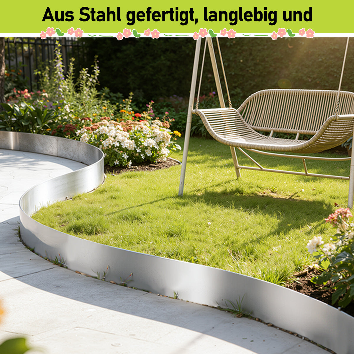 Randaco 5m Rasenkante 15 cm hoch Beeteinfassung aus Metall 0.3 mm Stahl mit umgelegten Kanten inkl. Verbinder und Handschuhe Beetumrandung