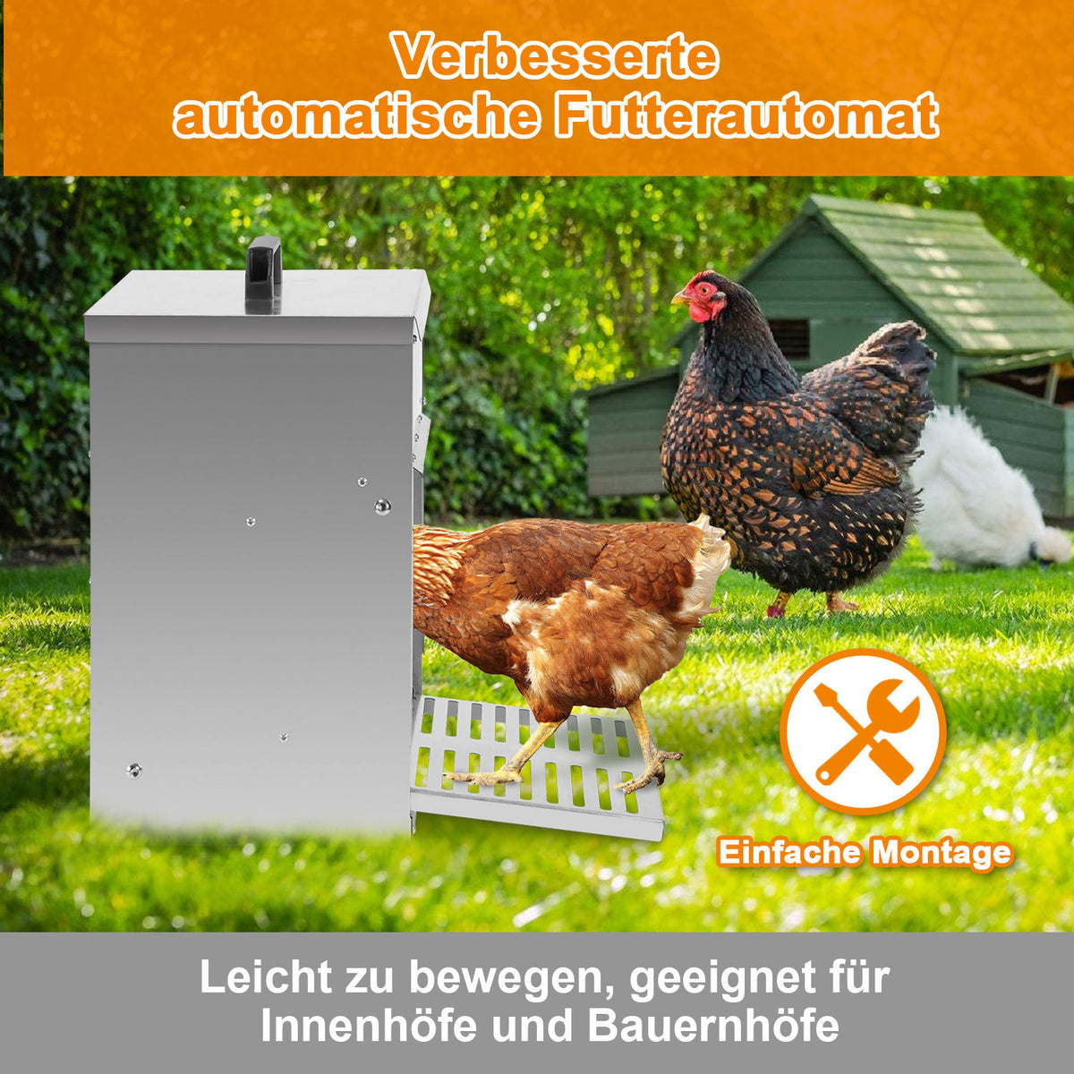 Randaco Futterautomat Hühner 5kg Hühnerfutterautomat mit Trittplatte Geflügel Futterspender Verzinkter Futtertrog Mäuseschutz Trockenfutterbox für Stall und Außenbereich