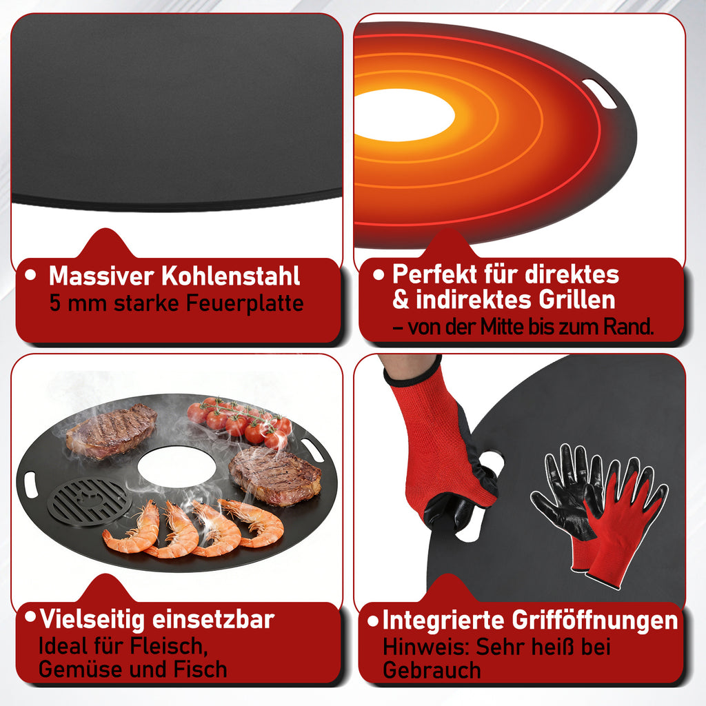 Randaco Carbonstahl Feuerplatte Ø 80 cm mit Grilleinsatz und Handschuhen, Grillplatte für Feuertonne und Feuerschale, Plancha Grillring für BBQ und Teppanyaki
