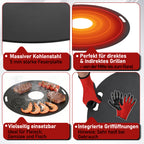 Randaco Carbonstahl Feuerplatte Ø 80 cm mit Grilleinsatz und Handschuhen, Grillplatte für Feuertonne und Feuerschale, Plancha Grillring für BBQ und Teppanyaki