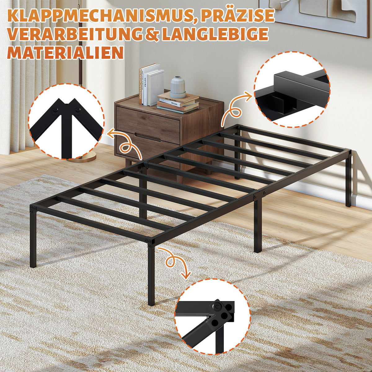 Randaco Metallbettrahmen stabil 90×200cm/140×200 cm Platzsparender Bettrahmen Einzelbettrahmen bis 200 kg Doppelbettrahmen bis 300 kg