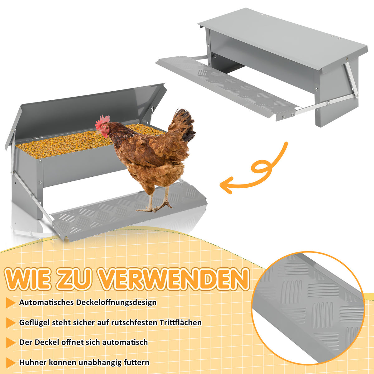 Randaco Futterautomat Hühner 5kg verzinkter Futterspender mit Trittklappe wetterfester Deckel gegen Futterverlust und Wildtiere für Hühnerstall und Geflügel