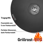 Randaco Carbonstahl Feuerplatte Ø 80 cm mit Grilleinsatz und Handschuhen, Grillplatte für Feuertonne und Feuerschale, Plancha Grillring für BBQ und Teppanyaki