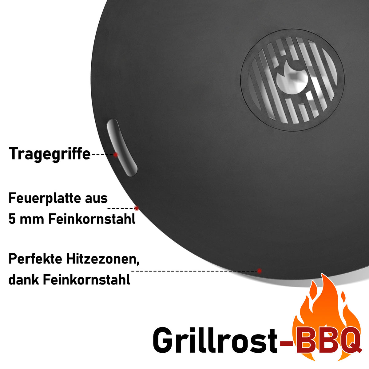 Randaco Carbonstahl Feuerplatte Ø 80 cm mit Grilleinsatz und Handschuhen, Grillplatte für Feuertonne und Feuerschale, Plancha Grillring für BBQ und Teppanyaki