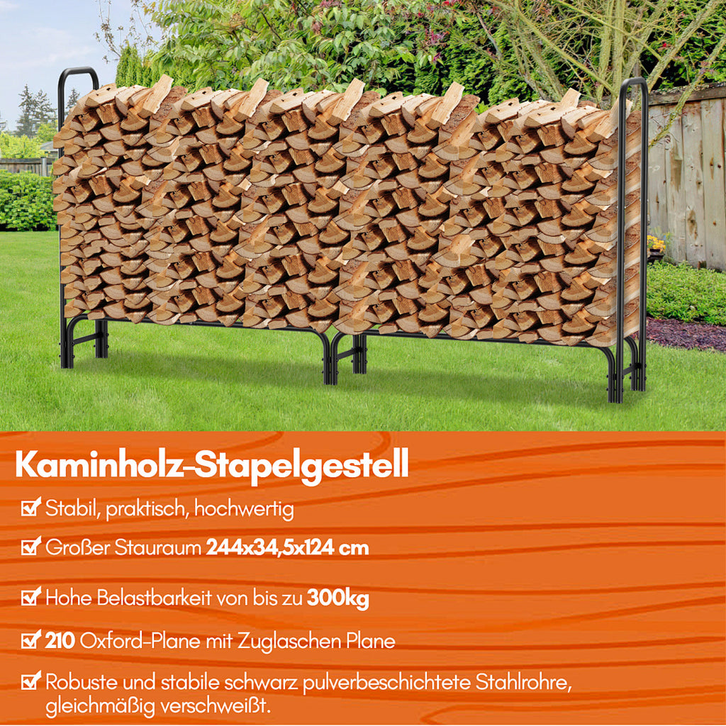Randaco Kaminholzregal mit Schutzhülle Stahlrahmen 244x34.5x124cm bis zu 300KG