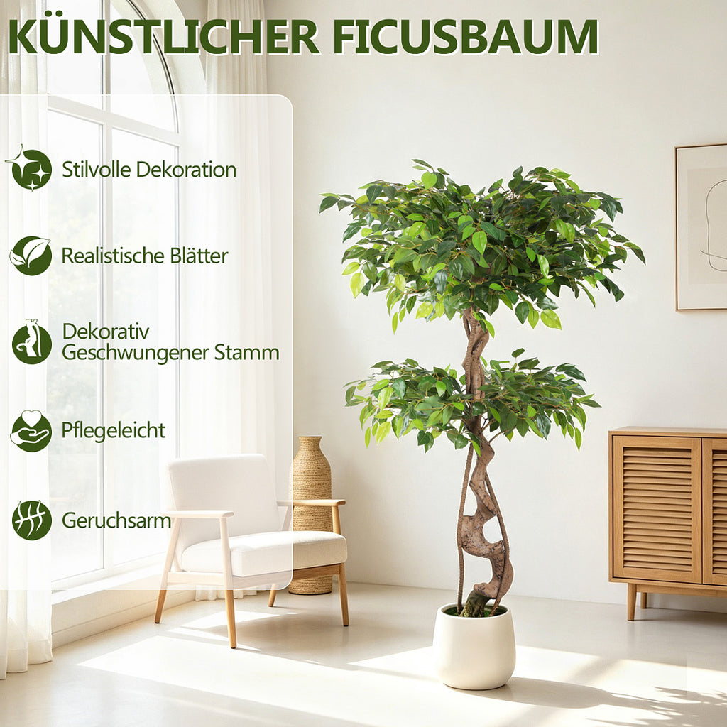Randaco Künstlicher zweistufiger Ficus‑Baum mit weißem Topf dekorative Zimmerbegrünung für Innenräume 120 cm/150 cm