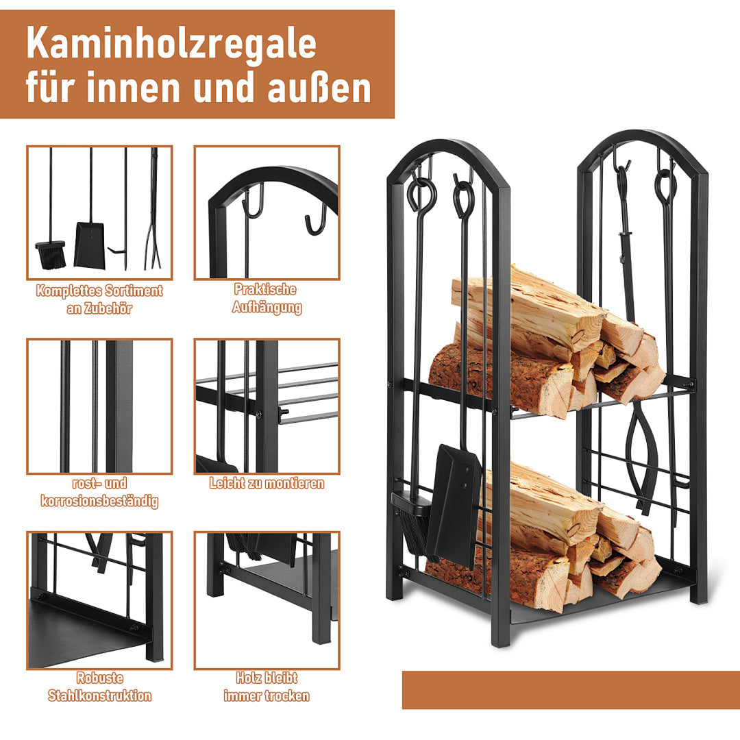 Randaco 2 Ebenen Feuerholzregal mit 4 Kaminwerkzeug