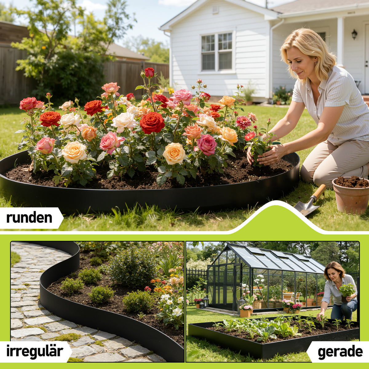 Randaco 5m Rasenkante 15 cm hoch Beeteinfassung aus Metall 0.3 mm Stahl mit umgelegten Kanten inkl. Verbinder und Handschuhe Beetumrandung