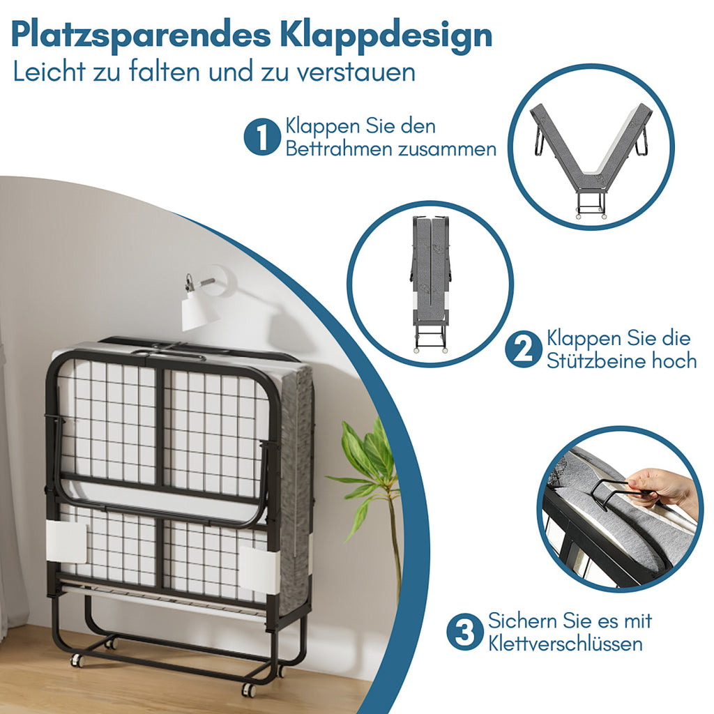 Randaco Klappbett 90x200cm Gästebett Klappbarer mit 13cm Matratze und Rollen bis 200 kg
