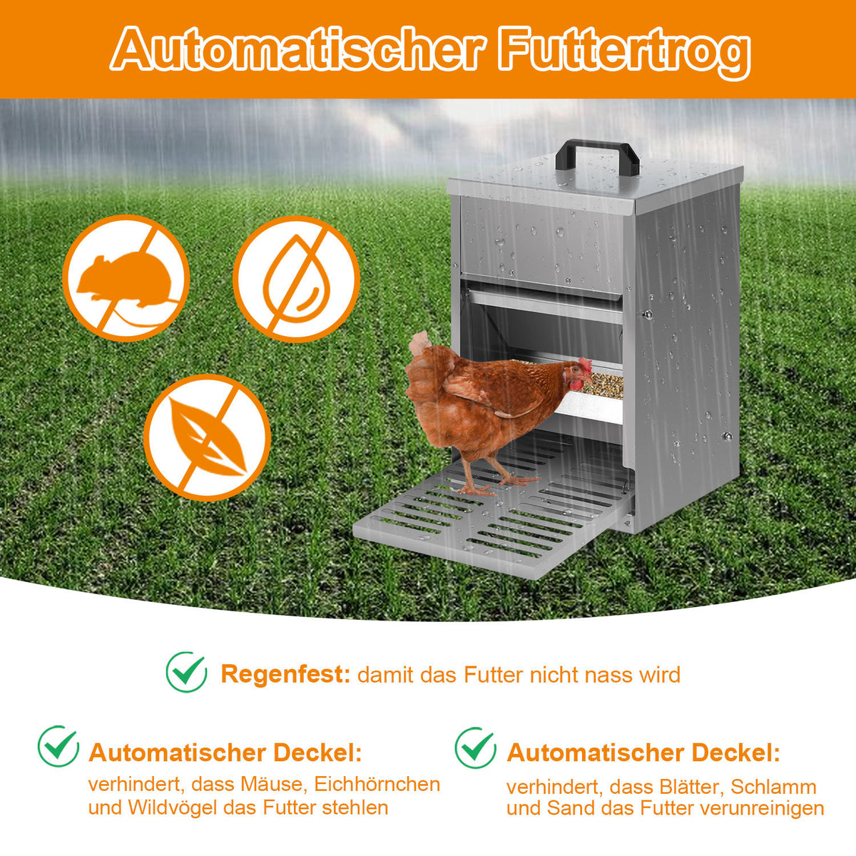 Randaco Futterautomat Hühner 5kg Hühnerfutterautomat mit Trittplatte Geflügel Futterspender Verzinkter Futtertrog Mäuseschutz Trockenfutterbox für Stall und Außenbereich