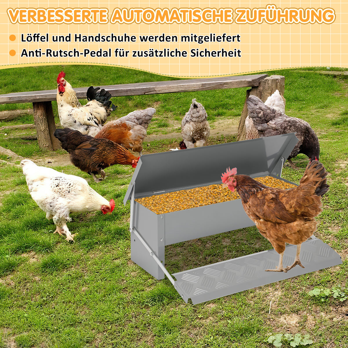 Randaco Futterautomat Hühner 5kg verzinkter Futterspender mit Trittklappe wetterfester Deckel gegen Futterverlust und Wildtiere für Hühnerstall und Geflügel