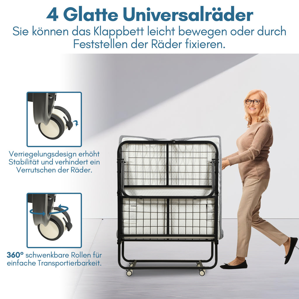 Randaco Klappbett 90x200cm Gästebett Klappbarer mit 13cm Matratze und Rollen bis 200 kg