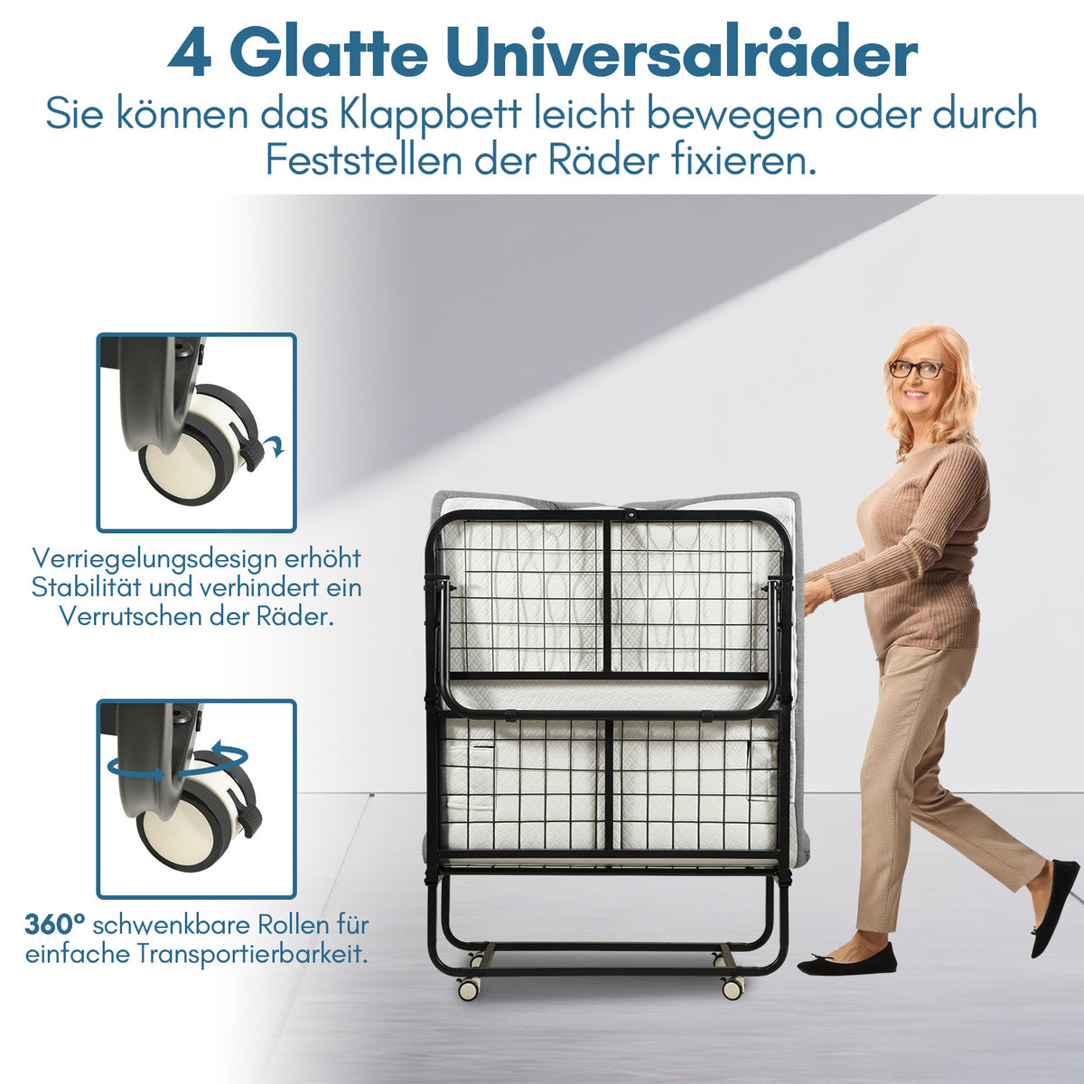 Randaco Klappbett 90x200cm Gästebett Klappbarer mit 13cm Matratze und Rollen bis 200 kg