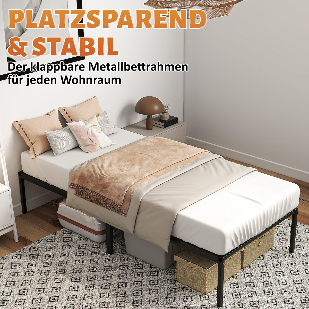 Randaco Metallbettrahmen stabil 90×200cm/140×200 cm Platzsparender Bettrahmen Einzelbettrahmen bis 200 kg Doppelbettrahmen bis 300 kg