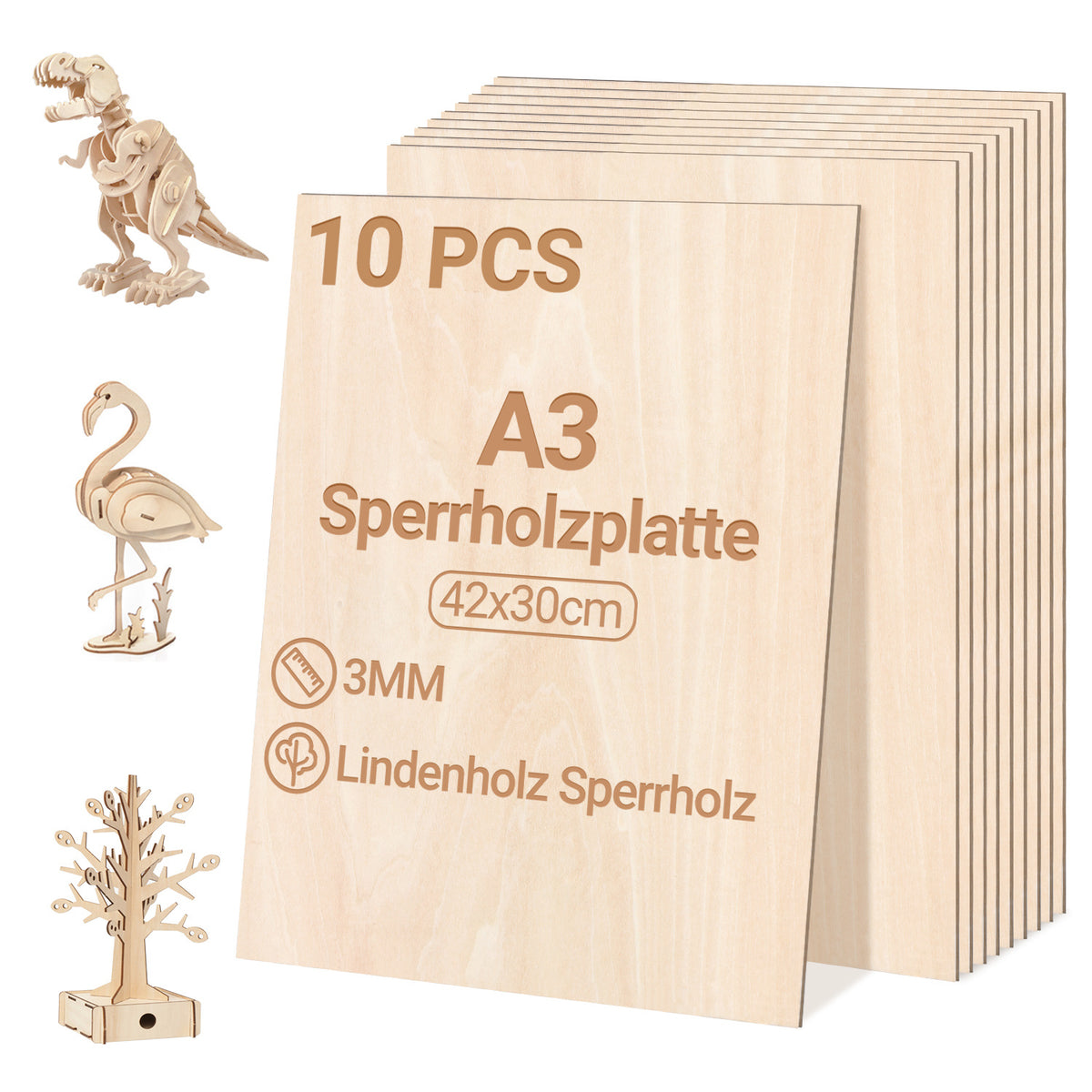 Randaco 10 Stück Sperrholzplatte A3/A4 Linde holzplatte Zuschnitt Nach Bastelhölzer Holz 420x300mm/300x210mm