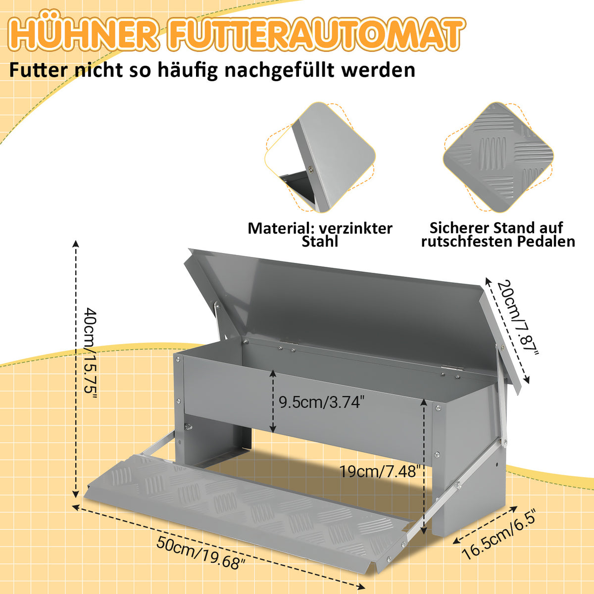 Randaco Futterautomat Hühner 5kg verzinkter Futterspender mit Trittklappe wetterfester Deckel gegen Futterverlust und Wildtiere für Hühnerstall und Geflügel
