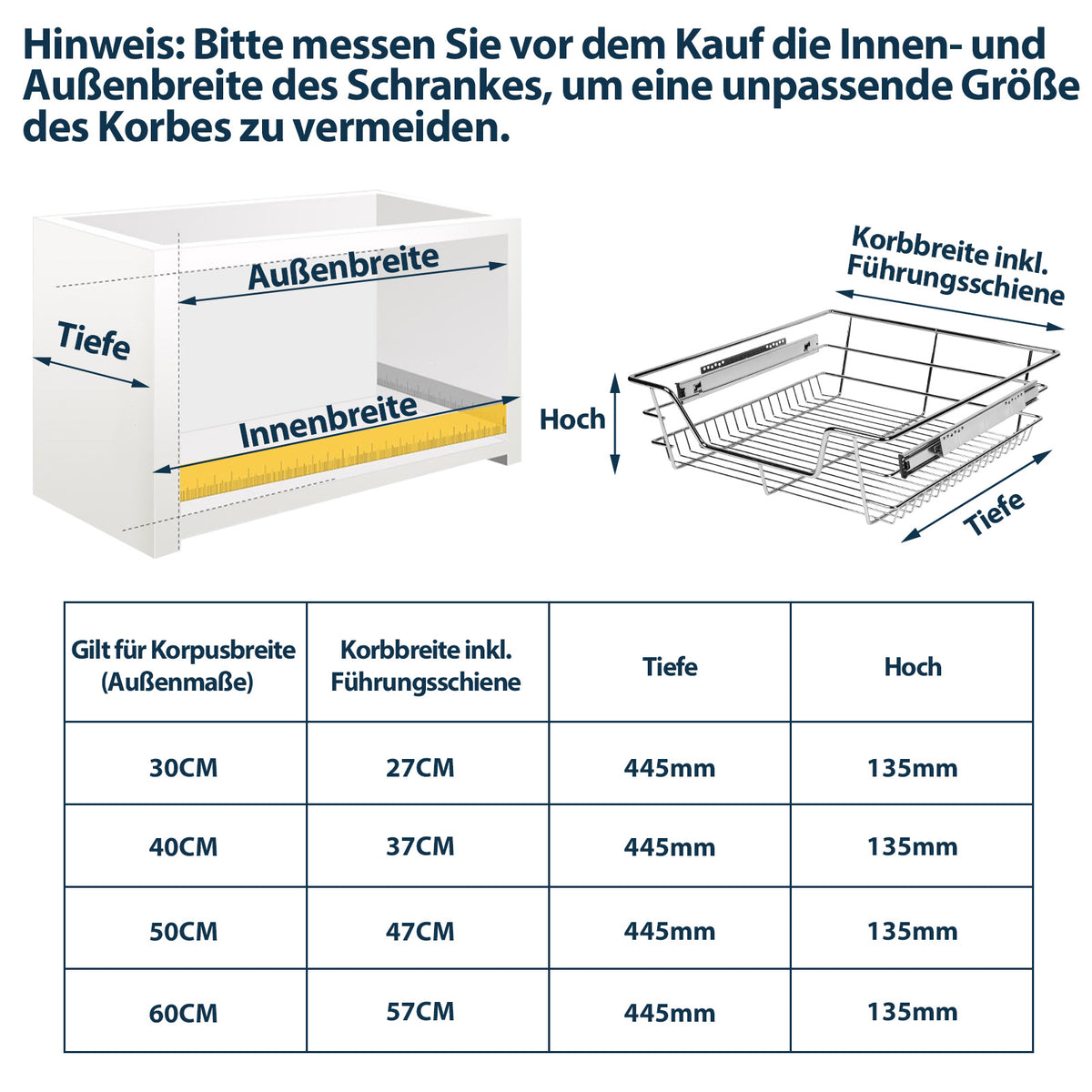 Randaco 2er‑Set ausziehbare Metall‑Einbauschubladen nachrüstbare Teleskop‑Schrankauszüge in 30/40/50/60cm Breite praktische Organisationsschubladen für Küchenschränke und Spülschränke